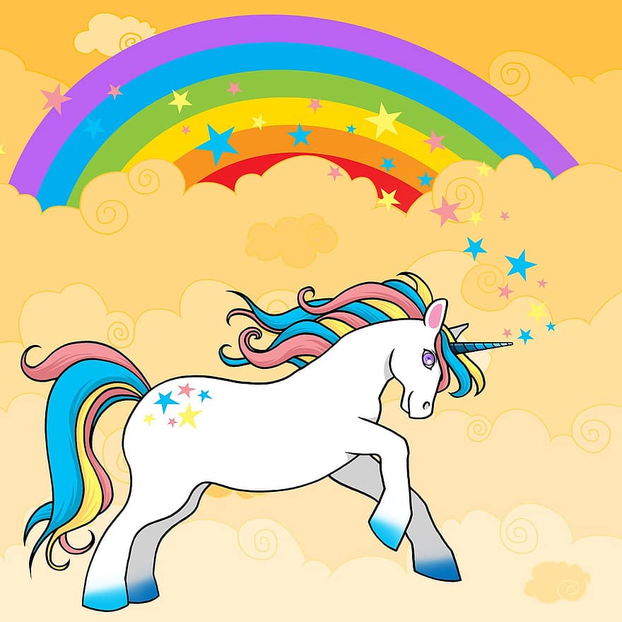 unicorn, Pelangi, langit, awan, sihir, fantasi, gambar, kuda, ilustrasi, vektor, kartun