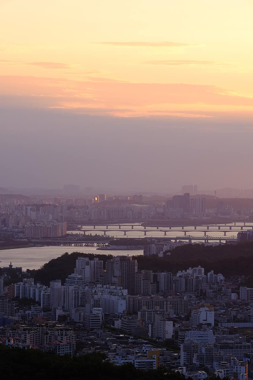 rivière han, ville, le coucher du soleil, Séoul, rivière, immeubles, l'horizon, soir, crépuscule, paysage urbain, horizon urbain