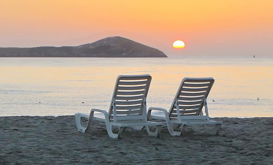 Sunset, Beach, Chairs, Sand, Sandy Beach, Shore, Seashore, Beach Chairs, Sun, Dusk, Twilight