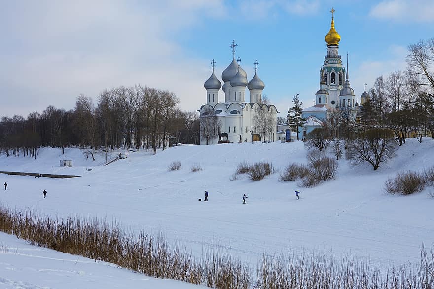 Vologda, kilise, kış, kar, nehir, buz, sahil