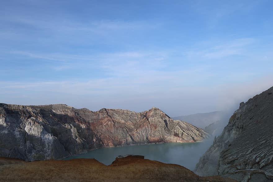 ijen, Indonésia, montanhas, natureza, manhã, panorama, montanha, Rocha, penhasco, azul, agua