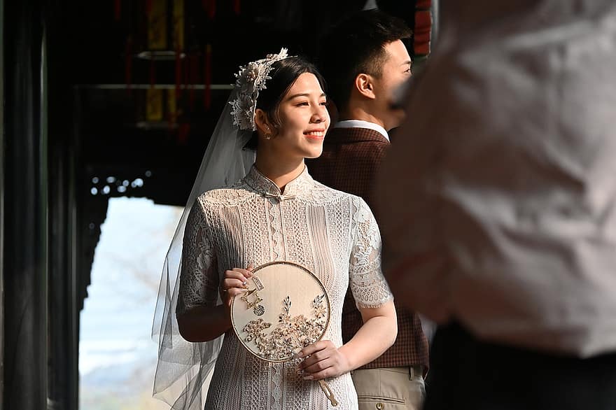 невеста, свадебное платье, Qipao, улыбка, вуаль, Cheongsam, свадьба, женщина, прекрасный, счастливый, люди