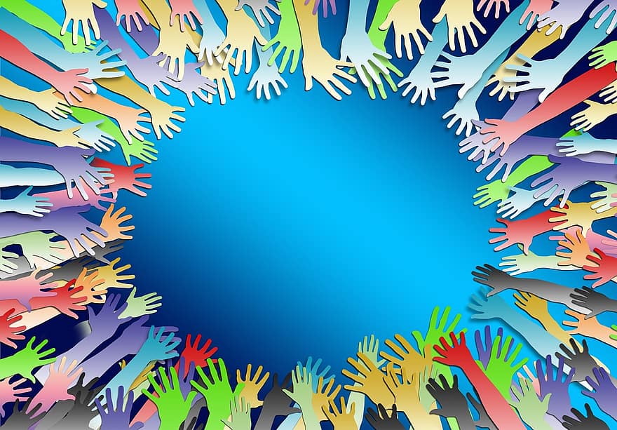 достъп, много, ръце, зов за помощ, търсене, бежанци, заедно, общност, цветен, многоцветен, символ