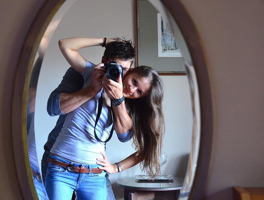 fotografering, spejl, ung kvinde