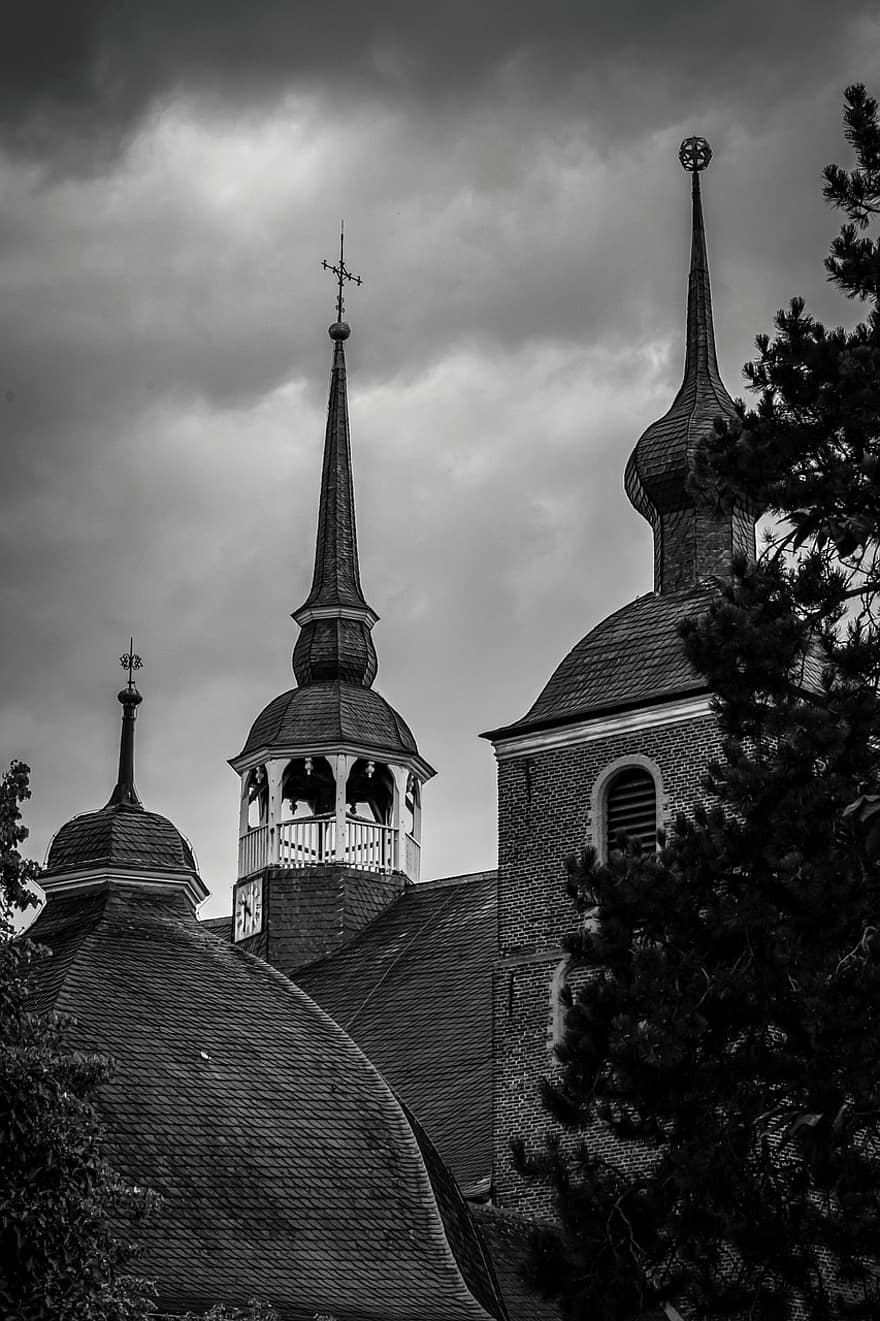 Monastery, Towers, Architecture, Roofs, Building, Church, Monochrome