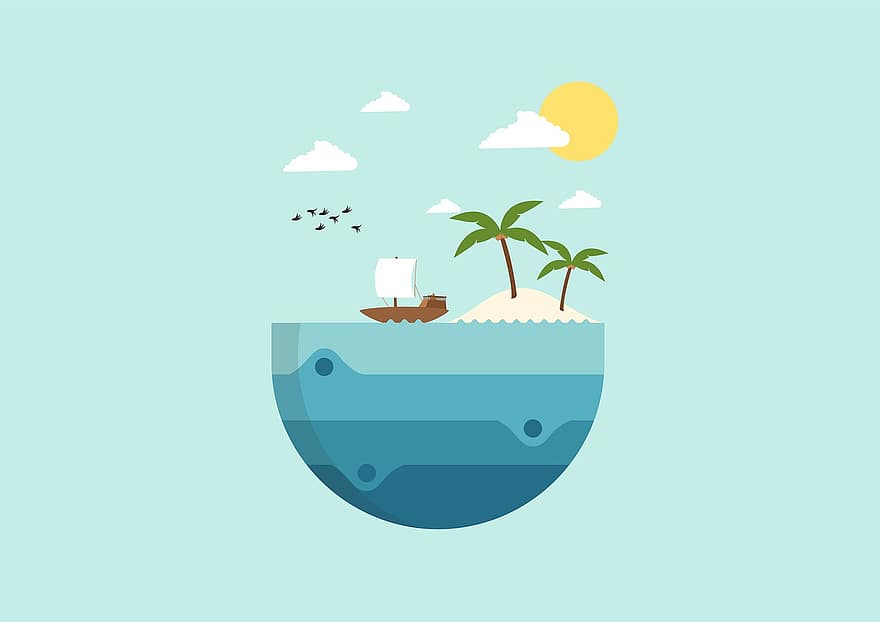 hav, Strand, øy, palmer, båt, vann, fugler, sommer, himmel, skyer, sol