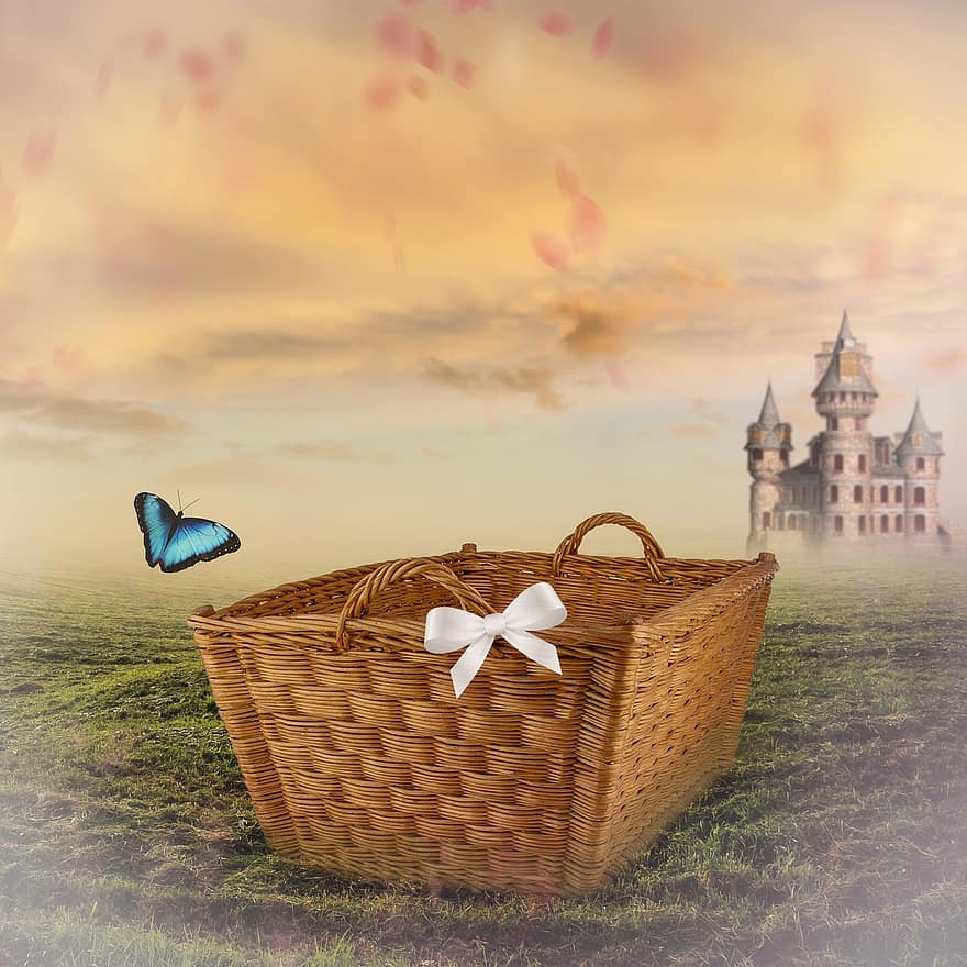 Digital Background, Castle, Basket, Bow, Butterfly, Summer, Field, Fairytale, Fairy Tale, Background, Fantasy