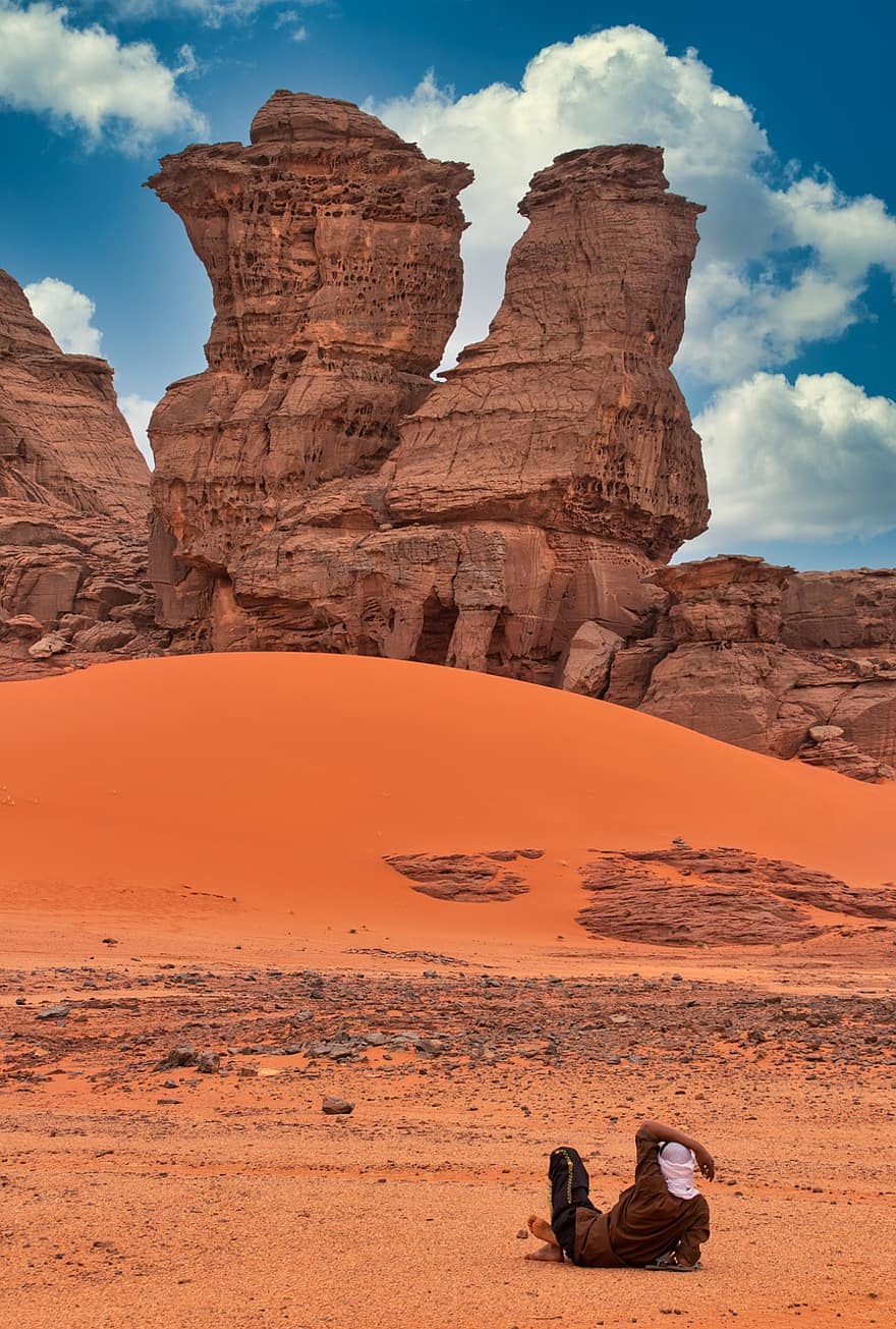 Тассили, красный, пустыня, Алжир, природа, пейзаж, песок, облака, пьер