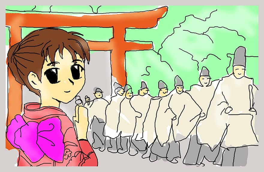 신토니스모, 소녀, 일본, 삽화, 일본어, 종교, 키모노