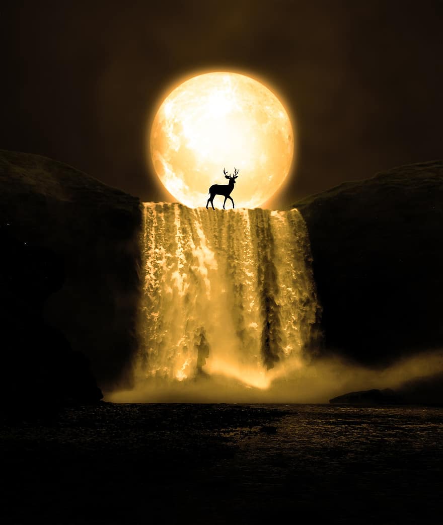 Moonlight, Waterfall, Deer, Night, Evening, Sky, Nature, Moon, Wildlife, Landscape, sunset