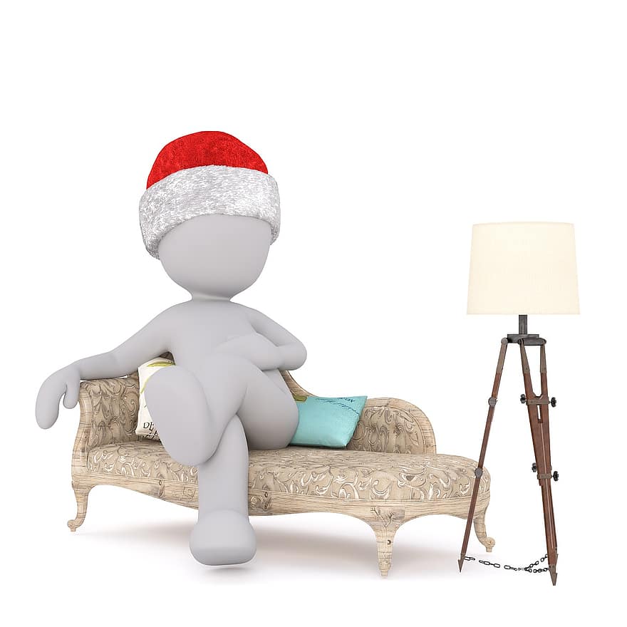 bílý samec, 3D model, izolovaný, 3d, Modelka, plné tělo, bílý, klobouk santa, Vánoce, 3D klobouk santa, obývací pokoj