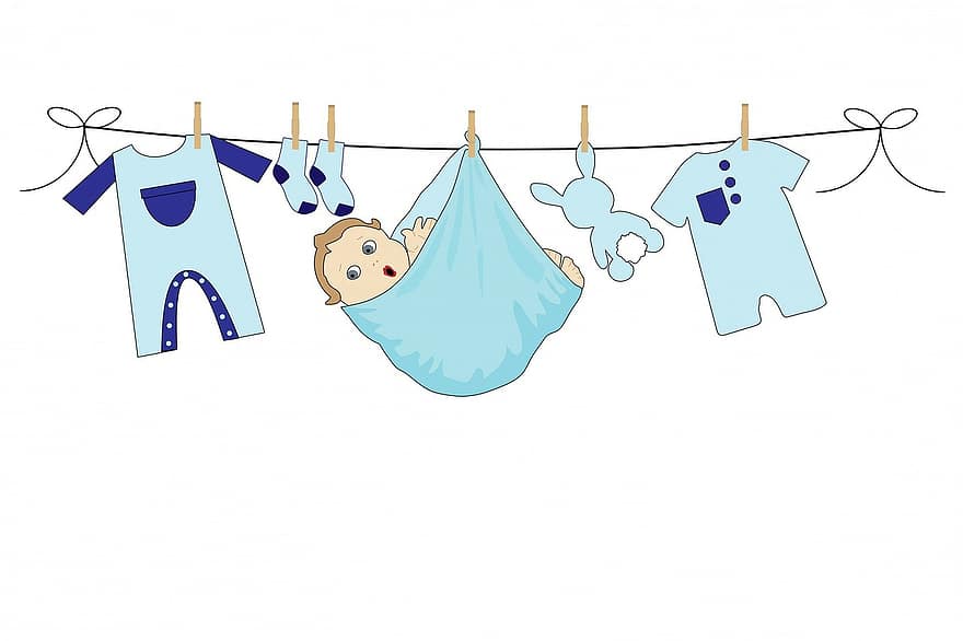 baby, dreng, blå, tøj, linje, vask, vasketøj, tøj linje, tørresnor, dinglende, nuttet