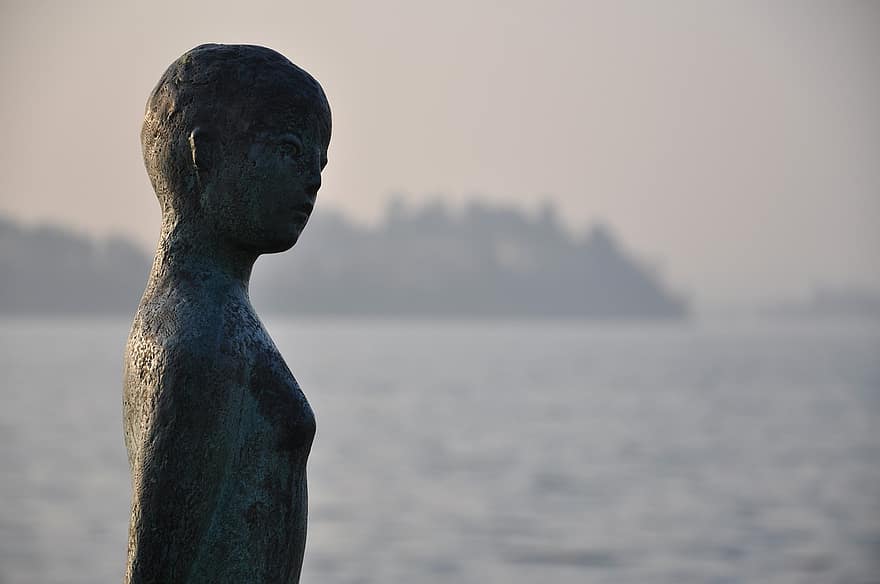 estatua, erosionado, lago, antiguo, escultura, puesta de sol