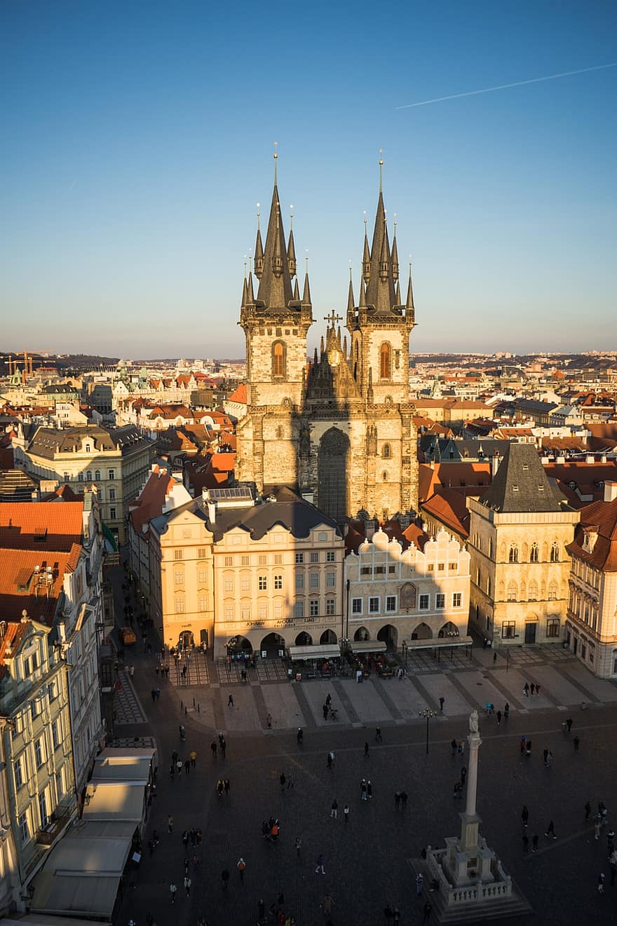 týn templom, Prága, Cseh Köztársaság, Európa, főváros, Praha, torony, történelmi központ, épület, építészet, házak