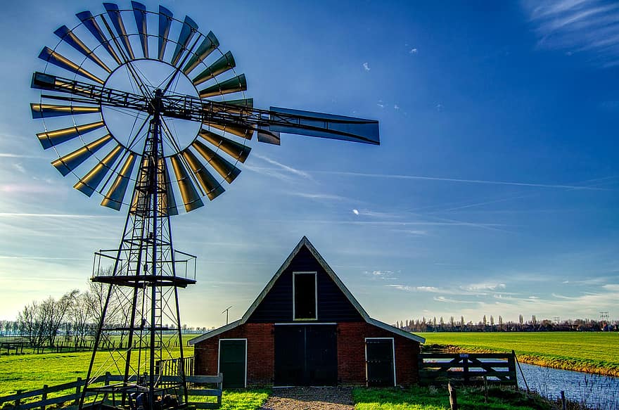vėjo malūnas, tvartas, Šiaurės Olandija, kraštovaizdį, kaime, kaimo, kaimo scenoje, ūkis, mėlyna, vasara, architektūra