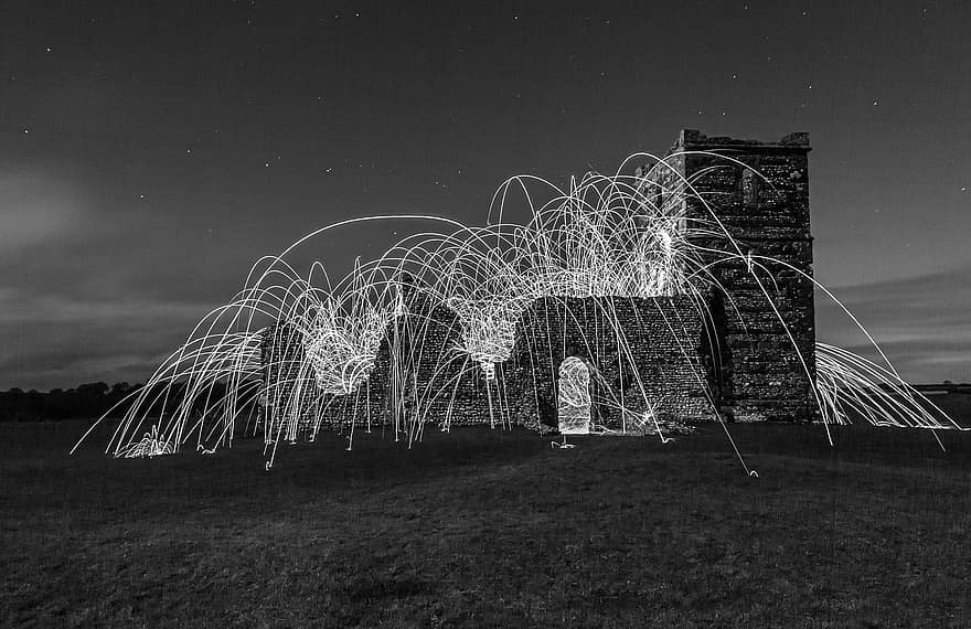 Chiesa, rovinare, vecchio, architettura, pietra, storico, notte, fuochi d'artificio, stelle, Knowlton, Dorset