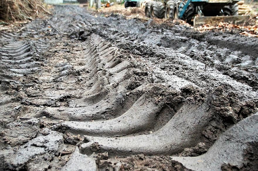 con đường, bùn, lốp xe, đường lầy lội, thiết bị nặng, Rutted, Dấu chân trong bùn