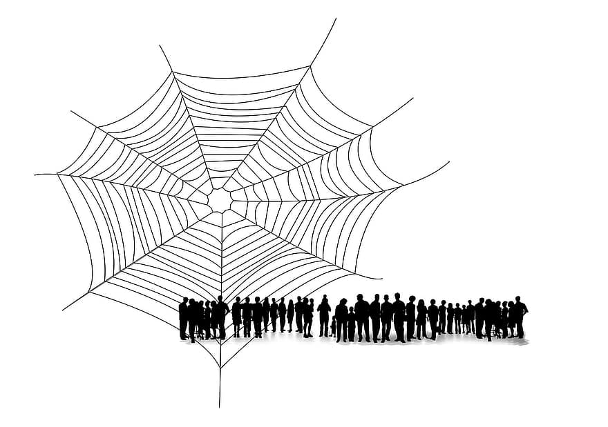 Internet, Spinnennetz, Mensch, Silhouetten, Gruppe, quantitativ, Mann, Frau, Kind, Hintergrund, abstrakt