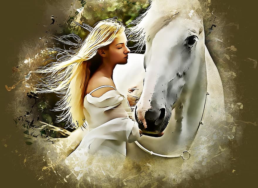 hest, dyr, kvinde, heste-, rytterstatue, kærlighed, hvide hest, pige