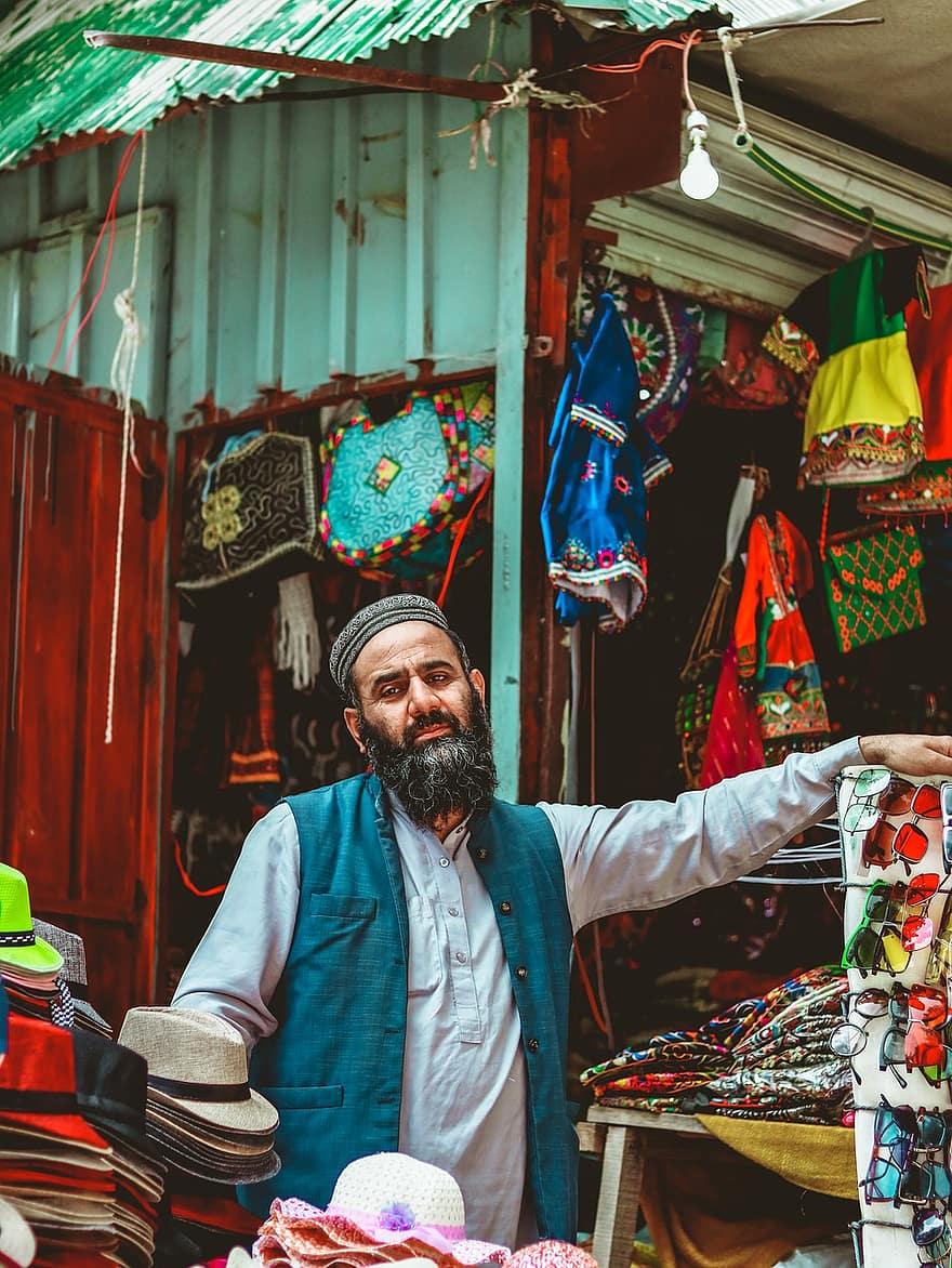Mann, selger, stall, marked, gate, portrett, butikkeier, pakistan, menn, kulturer, voksen