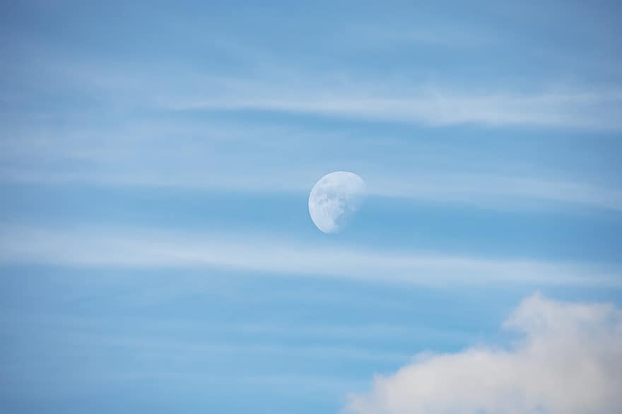 księżyc, chmury, niebo, niebieski