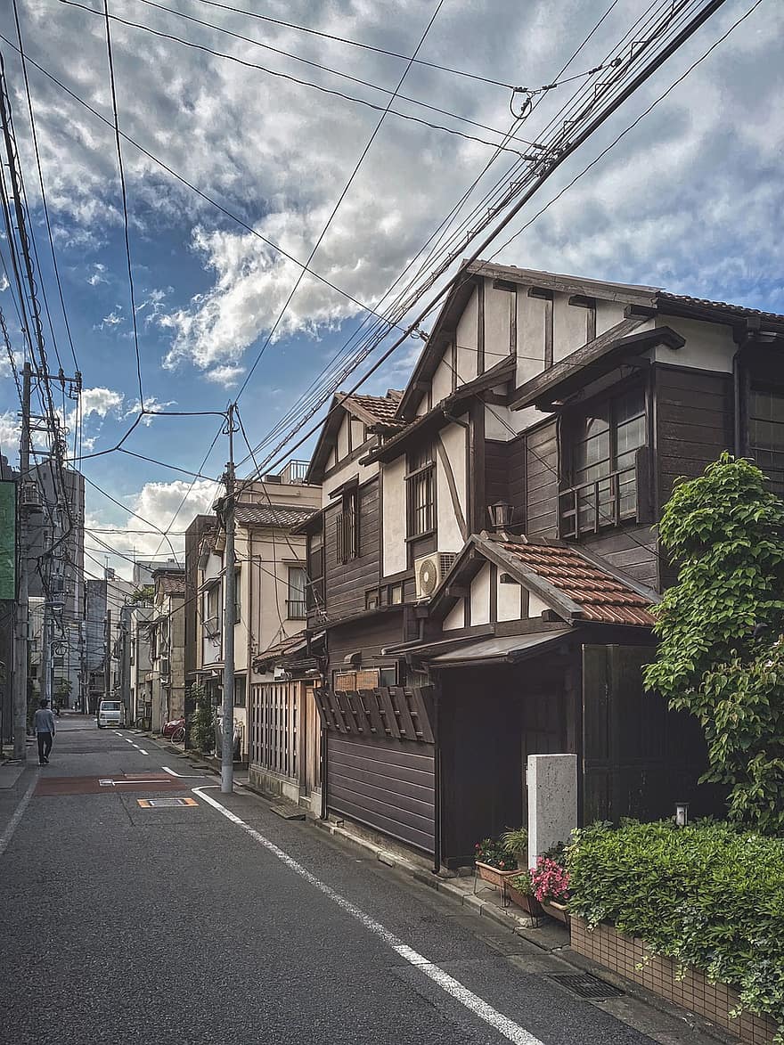 stradă, drum, Cartier, bandă, Case de imbatranire, arhitectură, nori, Japonia, case vechi, Rezidențial, urban