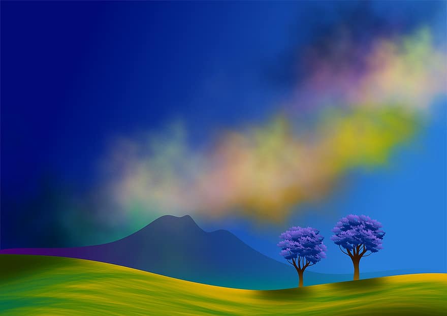 Landschaft, Illustration, Horizont, Natur, Hintergrund, Tapete, Himmel, Wolken, Bäume, Hügel, Prado