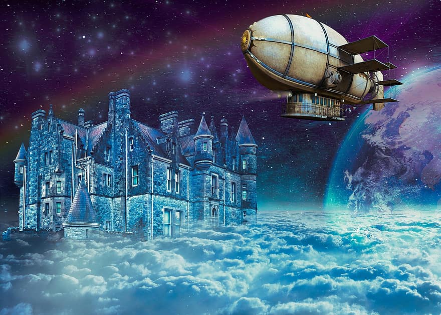 những đám mây, thiên đường, Lâu đài, trên những đám mây, Lâu đài trên không, zeppelin, hành tinh, tưởng tượng, ngân hà, khoa học, đêm