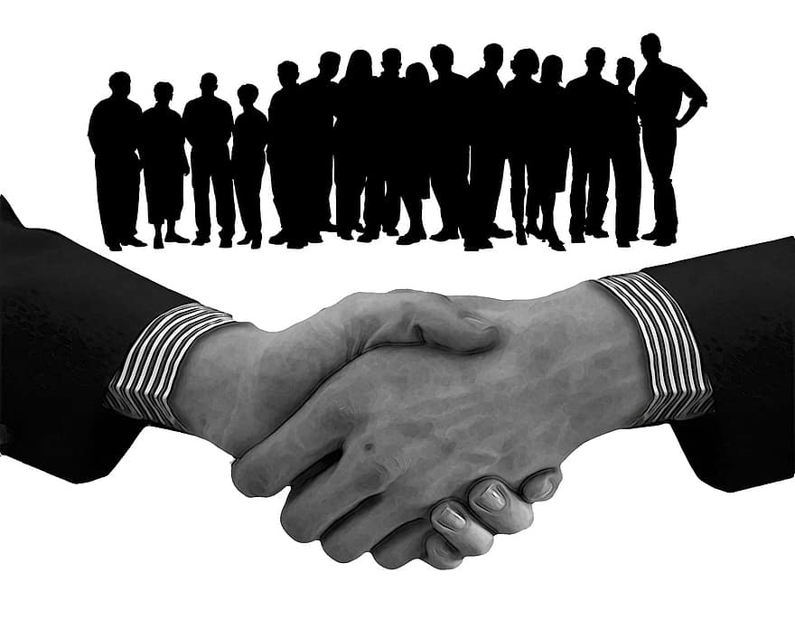 funcionários, equipe, apertando as mãos, aperto de mão, trabalho em equipe, executivo, cooperação, coesão, juntos, união, comunidade