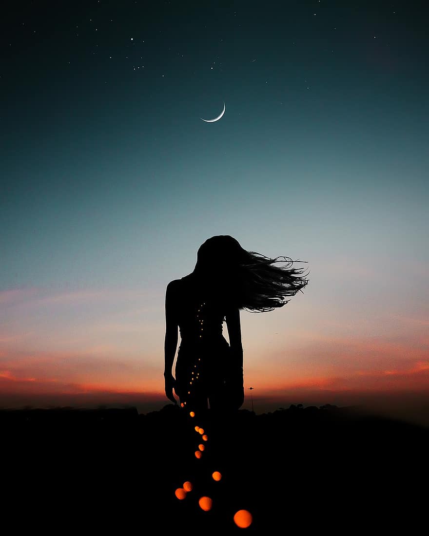 vrouw, silhouet, maan, avond