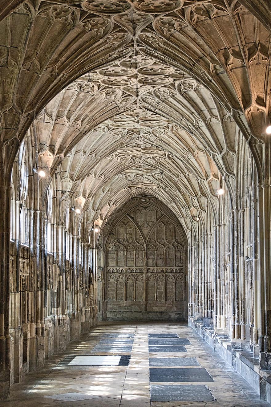 abadía, catedral, Gloucester, claustro, corredor, ornamental