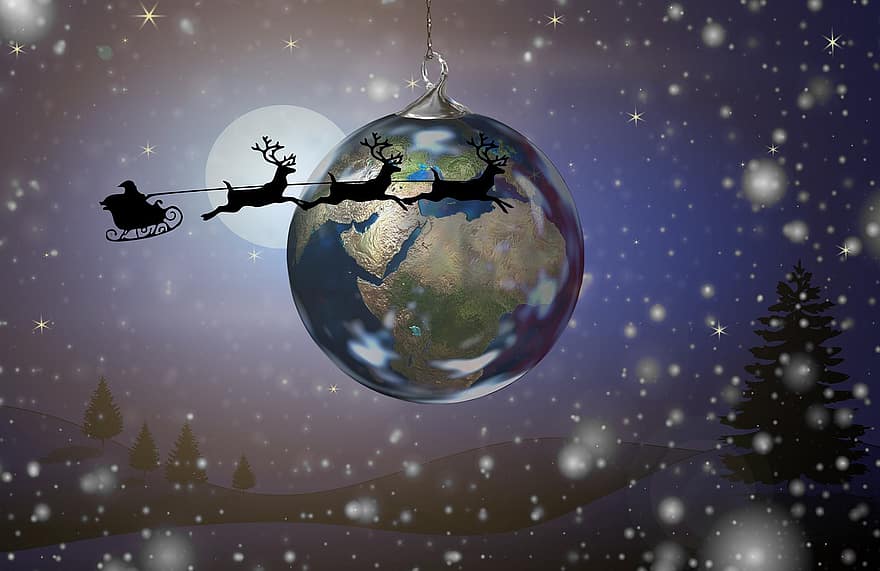 Дядо, земно кълбо, Коледа, Дядо Коледа, Северен елен, поздравления, идване, шейни, зима, пожелания, сняг