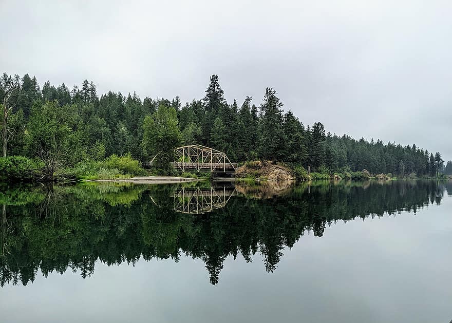 puente, río, río spokane, reflexión, agua, Washington