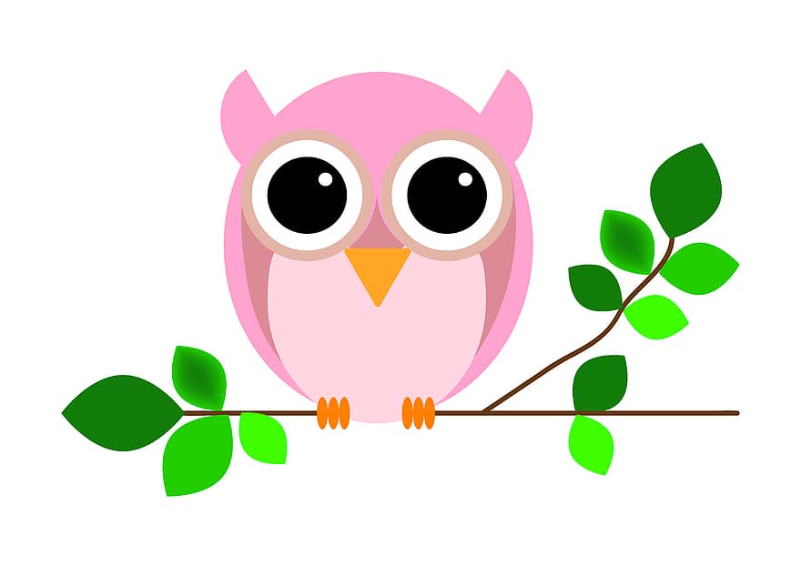 búho, pájaro, rama, hojas, dibujos animados, rosado, linda