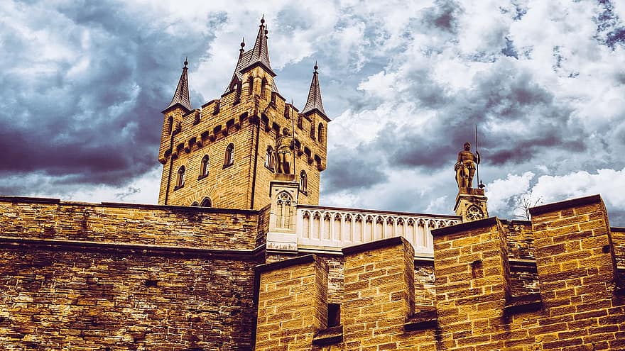 Hohenzollern slott, medeltiden, slott, torn, moln, riddare, berättelse, historisk, resa, arkitektur, känt ställe
