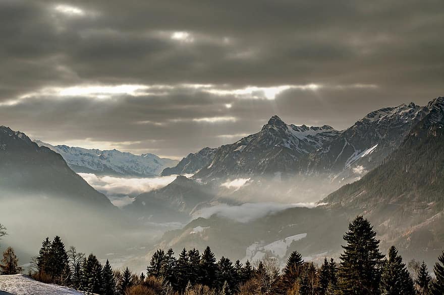 luonto, matkustaa, tutkiminen, ulkona, Vorarlberg, Itävalta, vuoret, vuori, lumi, talvi-, maisema