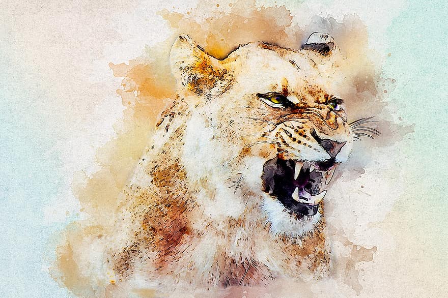 雌ライオン、轟音、野生、アート、水彩、ビンテージ、ネコ、ライオン、動物、芸術的、抽象