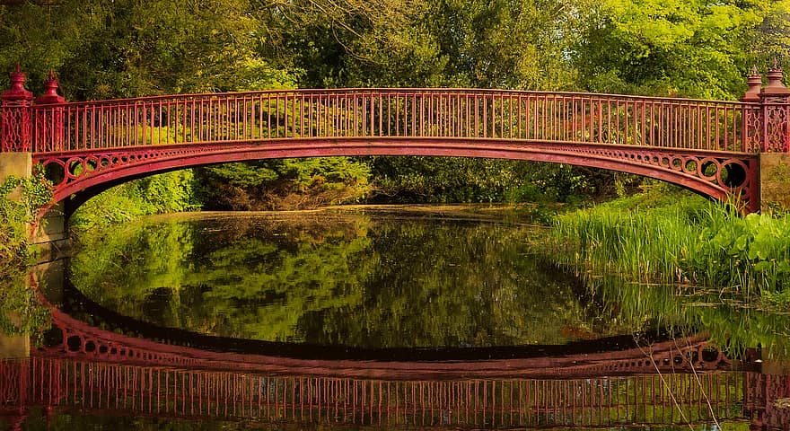 Brücke, rot, Shugborough, Staffordshire, Wasser, Fluss, Metall, Natur, Reflexion, Landschaft, Baum