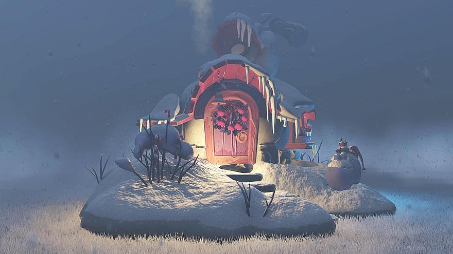 Christmas, Winter, House, Fantasy, Snow, Light, Night, Nature, illustration, season, backgrounds