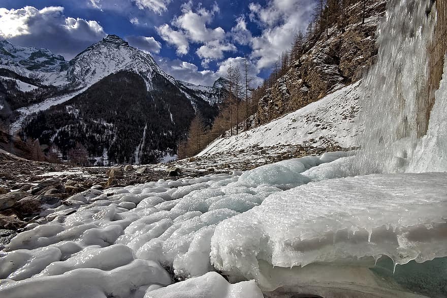 Mountain, Ice, Snow, Waterfall, Alps, Liquefaction, Spring, Thaw, Heating, Scenic