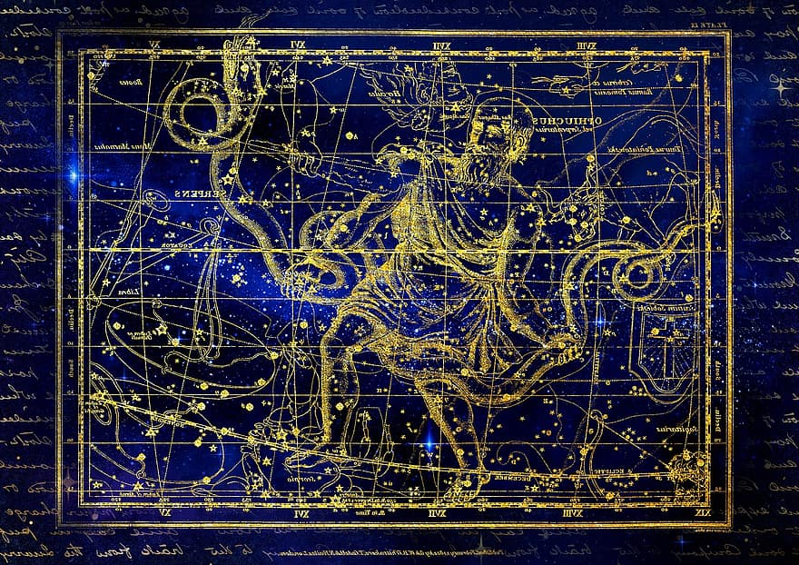 Constellation, Snake Charmers, Ophiuchus, Zodiac Sign, Sky, Starry Sky, Alexander Jamieson, Greeting, Star Atlas, Horoscope, Astrology