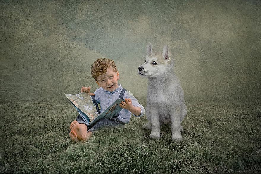 читання, хлопчик, пес, дитина, книга, домашня тварина, література, освіта, дитинство, друзі, дружба