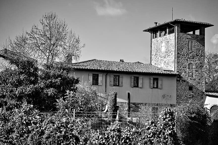 Hills, Olive Trees, Villas, Cypress Trees, Bridge, River, Tuscany, Florence, architecture, black and white, old