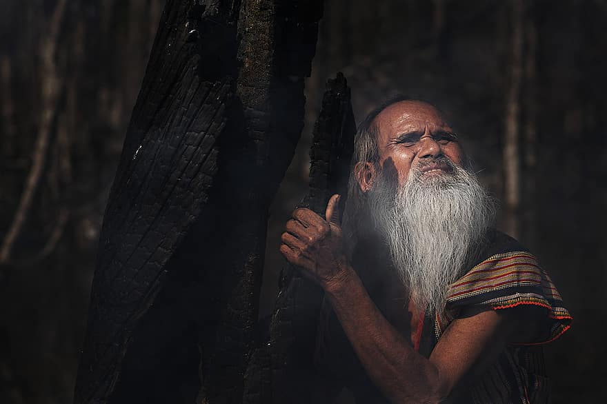 vecs vīrs, mežs, portrets, bārda, etnisko, vjetnamiešu valodā, vecumā, vecākais, vecāka gadagājuma cilvēkiem, cilvēks, uztraucas