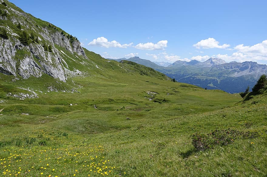 krajobraz górski, góry, alpejski, Obersaxen, górska wiosna