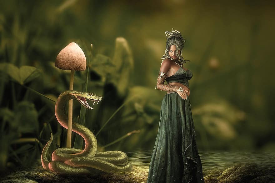 fantāzija, medūzas, sieviete, čūska, mitoloģija, grieķu, fotomontāža, noslēpumains