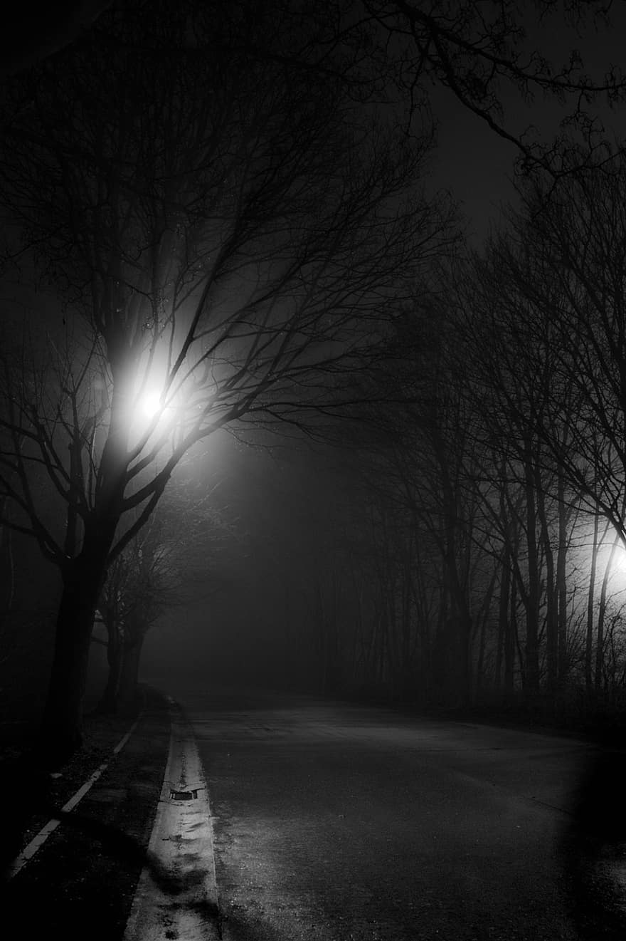 δρόμος, Αυτοκινητόδρομος, ομίχλη, Νύχτα, πόλη, φως, σκοτάδι, αστικός, μεταφορά