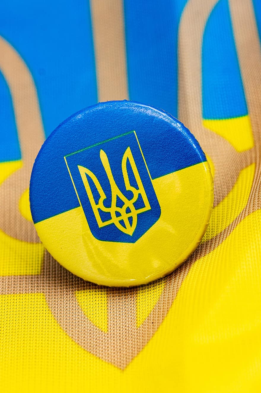 кнопка, флаг, Украина, условное обозначение, гребень, герб, логотип, трезубец, крупный план, фоны, синий