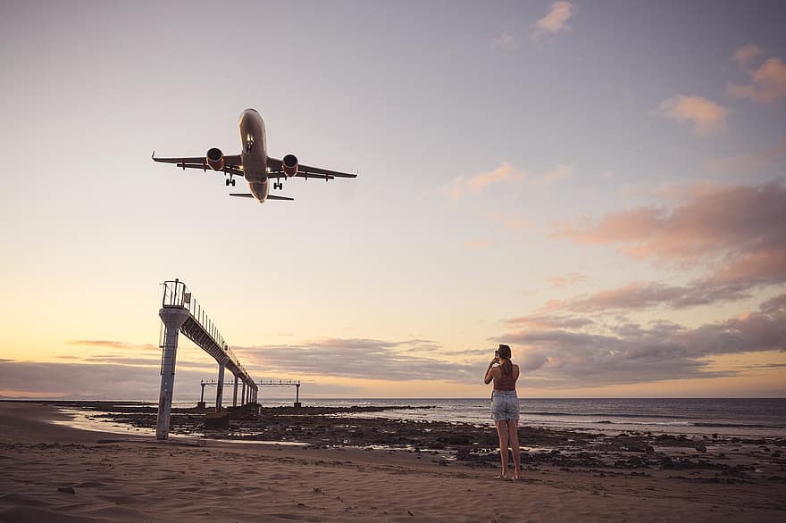 Пляжний, літак, захід сонця, море, жінка, фотографування