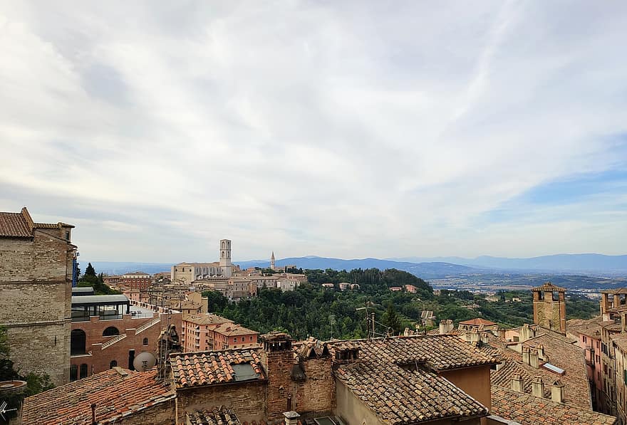 telhados, prédios, céu, Visão, cumulus, trança, cidade, Perugia, Úmbria, Itália